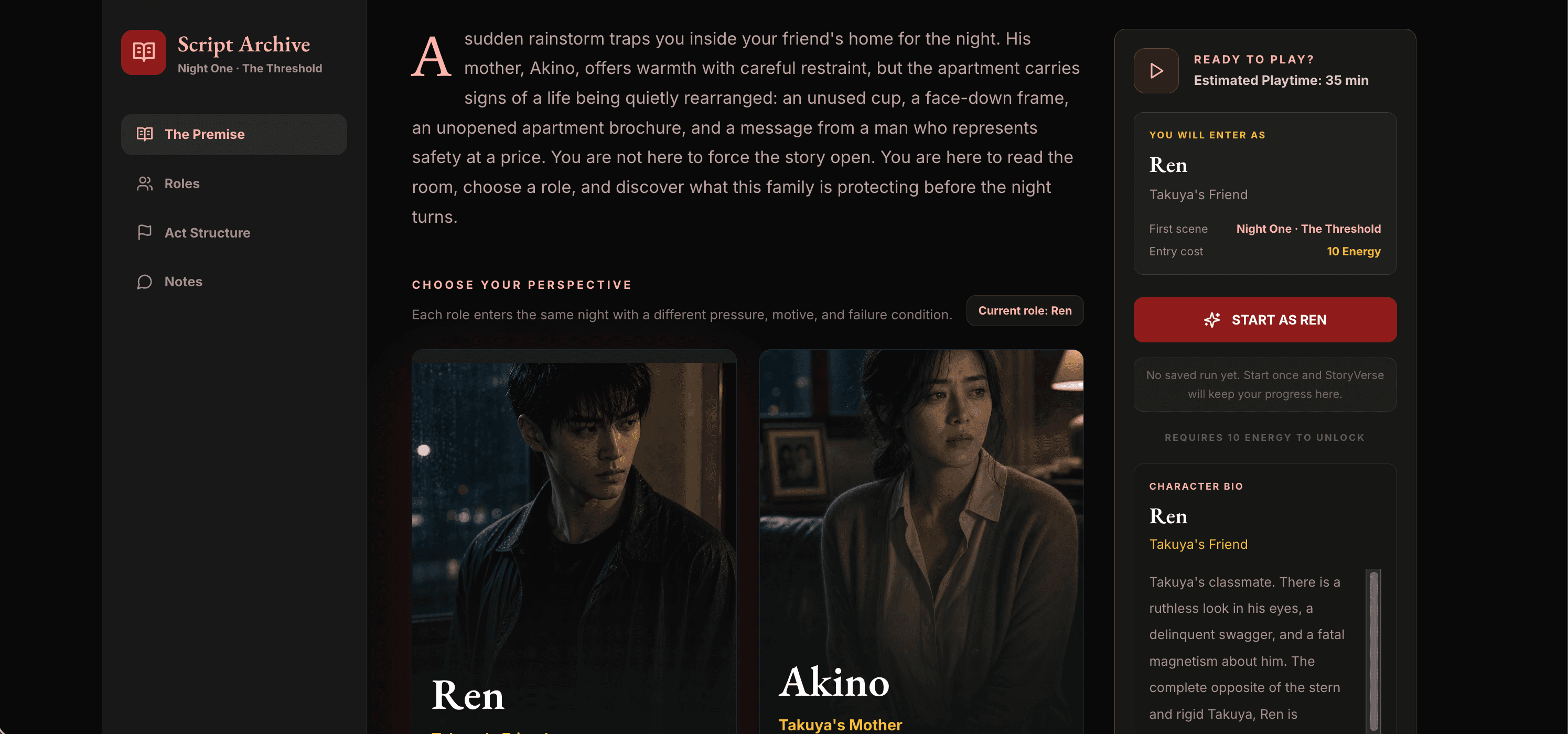 StoryVerse character selection screen for The Rainy Night
